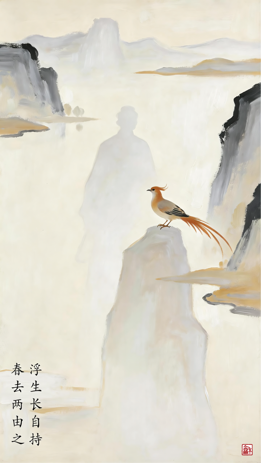 Ethereal Zen Ink Art, Misty Mountain & Bird, Japandi Wall Decor