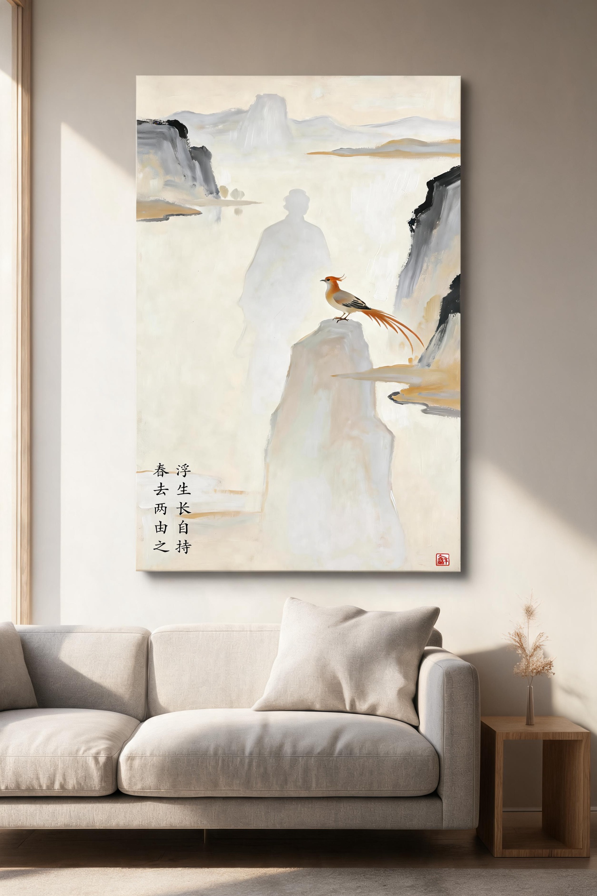 Ethereal Zen Ink Art, Misty Mountain & Bird, Japandi Wall Decor